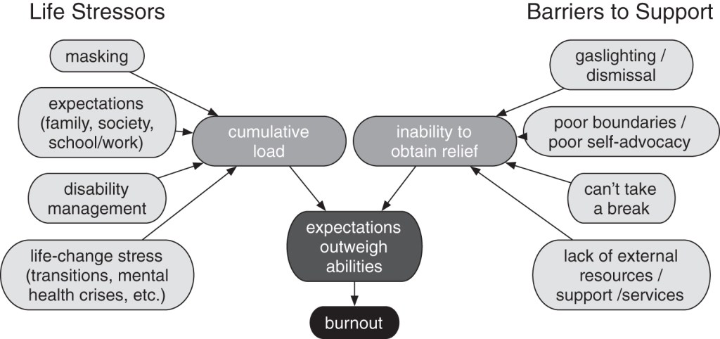 This shows how life stressors and barriers to support combine to create a condition where expectations outweigh abilities. As examples masking, expectations, disability management, and life-change stress increase cognitive load, while gaslighting/dismissal, poor boundaries/self-advocacy, can't take a break, and lack of support create inability to obtain relief. Together these create expectations that outweigh abilities which leads to burnout.